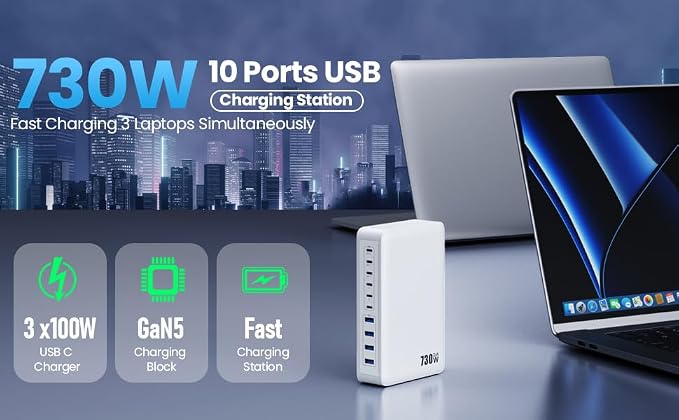 730W USB C Charger Block, 10-Ports GaN V Fast Charging Station Hub, QC4.0+3 PD - Image 8