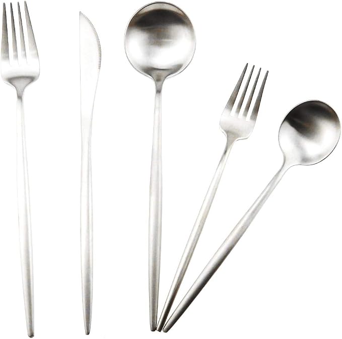 Matte Silver Silverware Set, Gugrida 5-Piece 18/10 Stainless Steel Satin Finish - Image 5