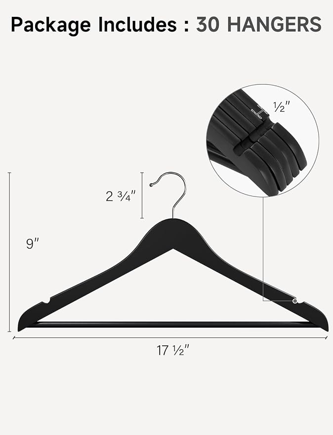 StorageWorks Black Wooden Hangers, 30 Pack Wood Hanger - Image 2