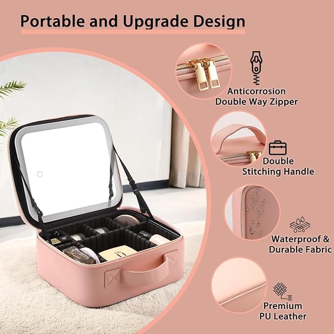 Makeup Bag with Led Mirror, Travel Makeup Organizer with 3 Color Setting & 10X - Image 7