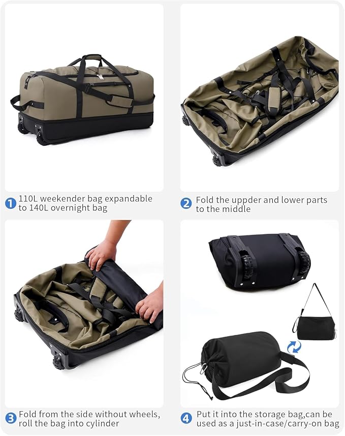 Rolling Duffle Bag with Wheels, 110L/140L Expandable Soft-Sided Foldable Duffle - Image 7