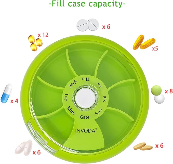 INVODA Weekly Pill Organizer 7 Compartment Rotating Pill Box - Image 4