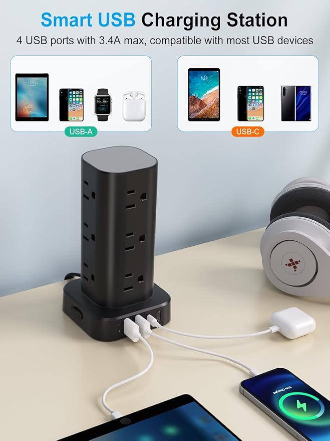 Power Strip Tower with Multiple Outlets, Flat Plug Surge Protector Tower - Image 3