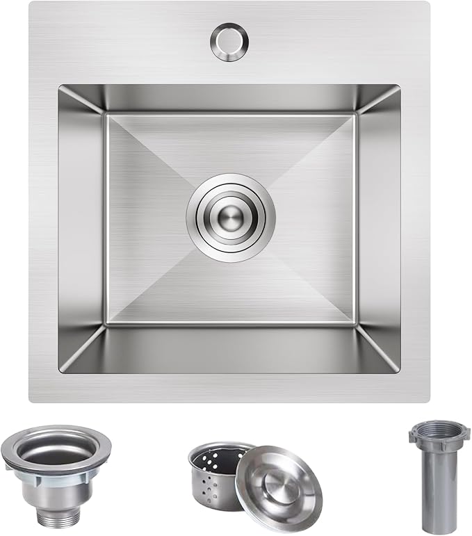 15 x 15 inch Drop in Bar Sink, Small Topmount Kitchen Sink Single Bowl 18 Gauge - Image 6
