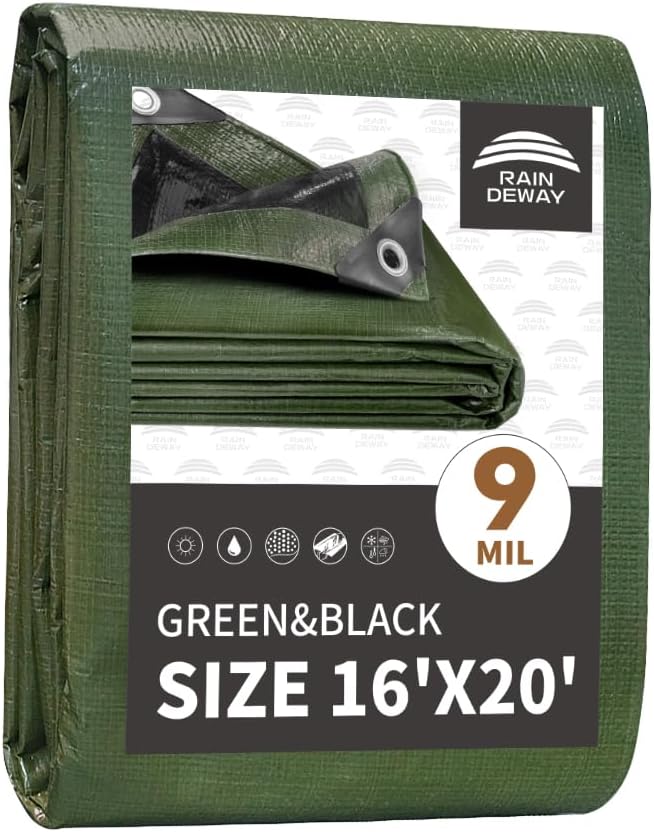 16x20 Feet Tarp Waterproof, 9Mil Thick, Finished Size Tarps, UV Resistant by RAINDEWAY