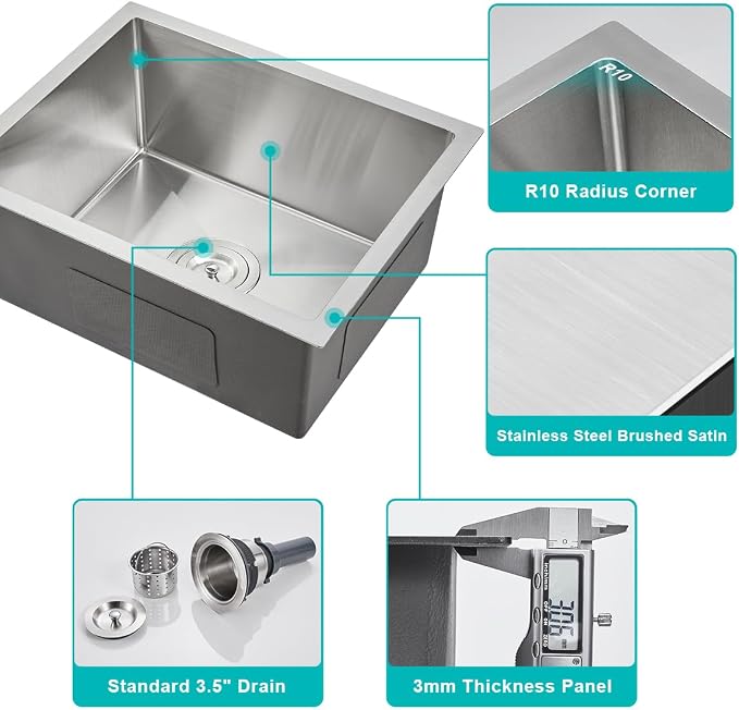 20 x 16 Inch Undermount Kitchen Sink, 304 Stainless Steel Single Bowl Small - Image 4