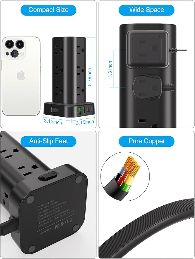 Power Strip Tower with Multiple Outlets, Flat Plug Surge Protector Tower - Image 7