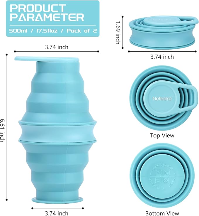 Nefeeko Collapsible Water Bottle, 17oz Reuseable BPA Free Silicone Foldable - Image 3