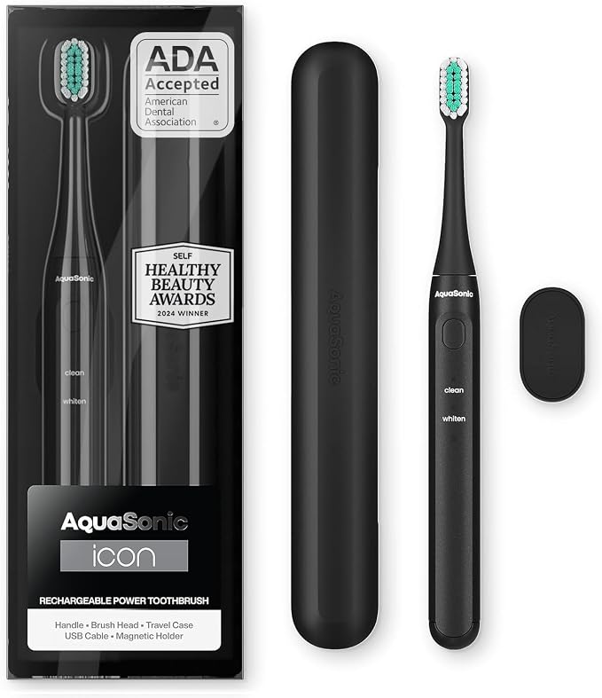 Aquasonic Icon ADA-Accepted Rechargeable Toothbrush | Magnetic Holder & Slim by AquaSonic