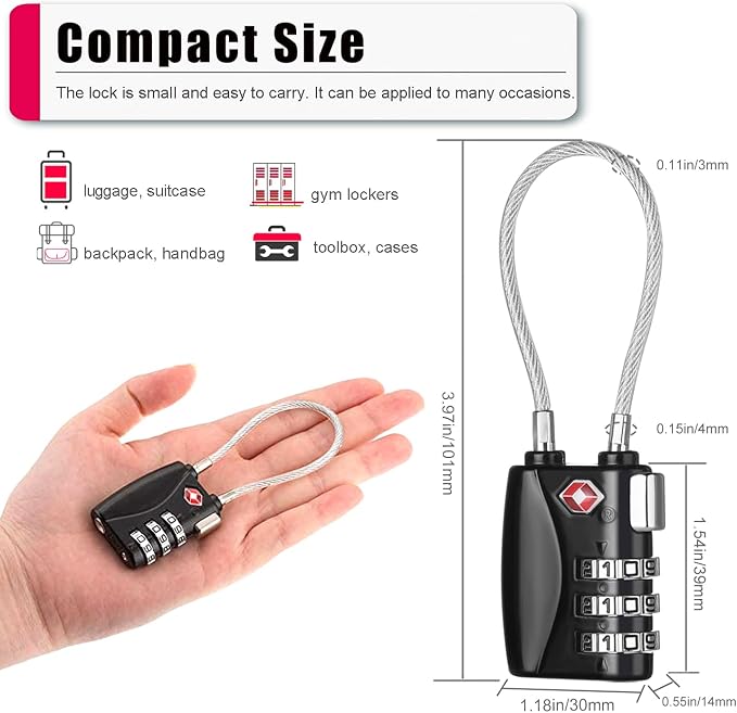 ZHEGE Luggage Locks TSA Approved 4 Pack Cable Padlocks - Image 5