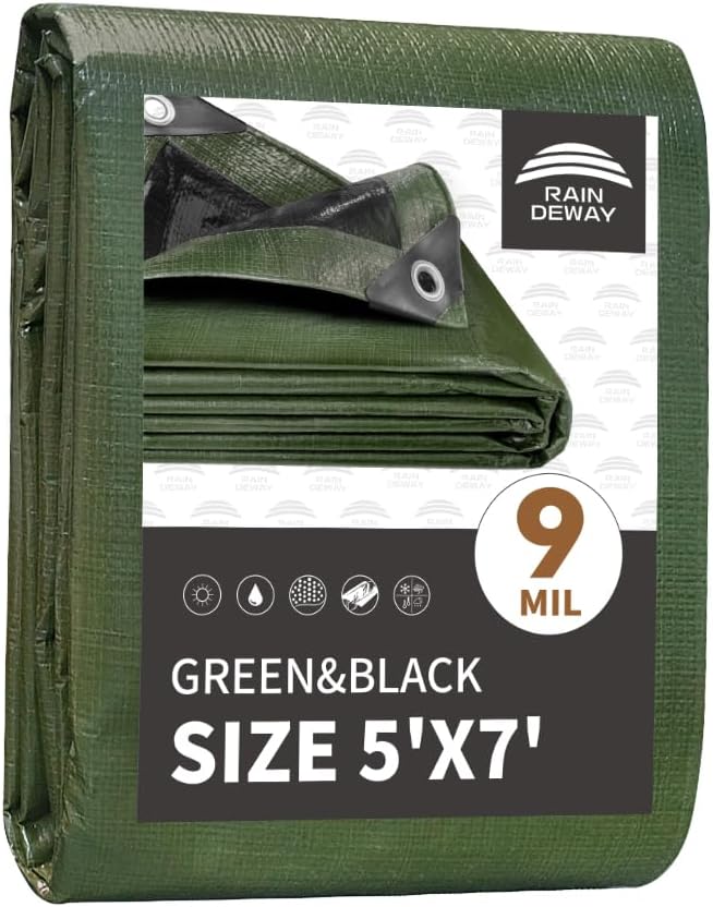 5x7 Feet Tarp Waterproof, Small Tarps, 9Mil Thick, Finished Size Tarps by RAINDEWAY