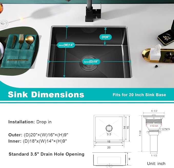20-inch Undermount Kitchen Sink Black, T304 Stainless Steel Single Bowl Kitchen - Image 3