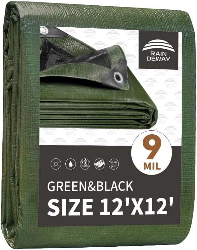 12x12 Feet Tarp Waterproof, 9Mil Thick, Finished Size Tarps, UV Resistant by RAINDEWAY