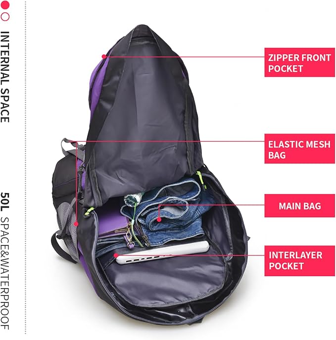 Bseash 50L Hiking Backpack, Water Resistant Lightweight Outdoor Sport Daypack - Image 4