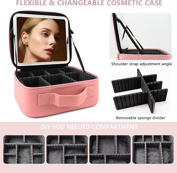 Travel Makeup Bag with LED Lighted Mirror, Travel Makeup Organizer, 3 Color - Image 2