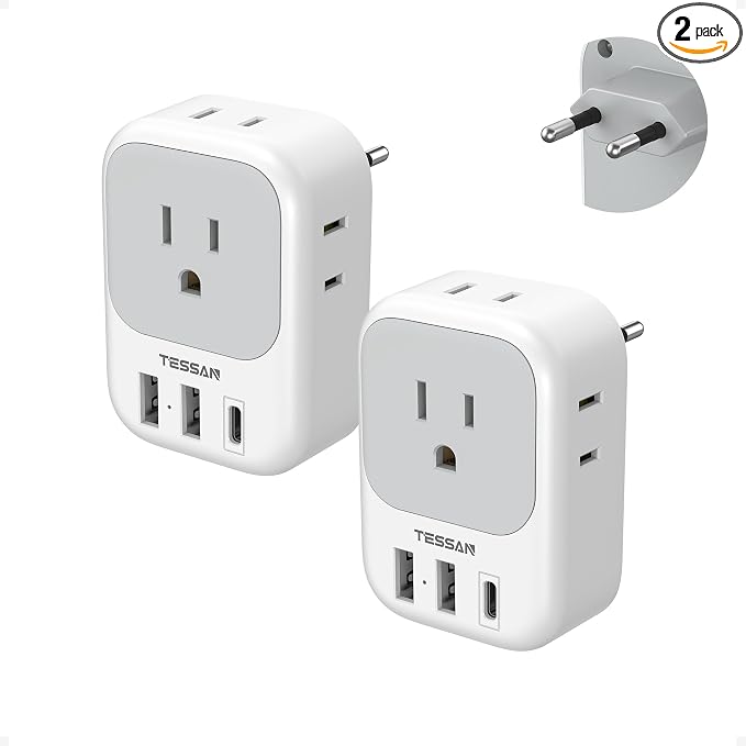 2 Pack European Plug Adapter USB C, TESSAN US to Europe Adapter 4 Outlets 3 USB by TESSAN