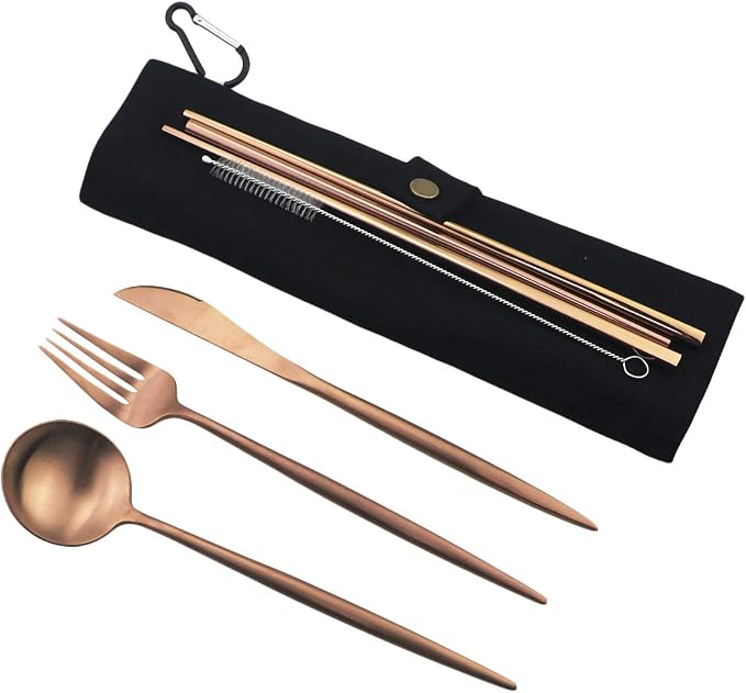 Gugrida Luxury Rose Gold Matte Portable 18/10 Stainless Steel Travel Flatware - Image 4
