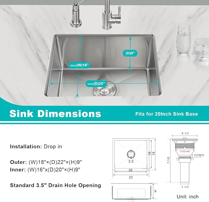 22 Inch Kitchen Bar Sink Undermount, 304 Stainless Steel Handmade Single Bowl - Image 3
