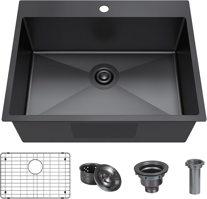 25x22 Inch Black Drop In Kitchen Sink, 25 Inch Gunmetal Black Kitchen Sink Top by Winnpex