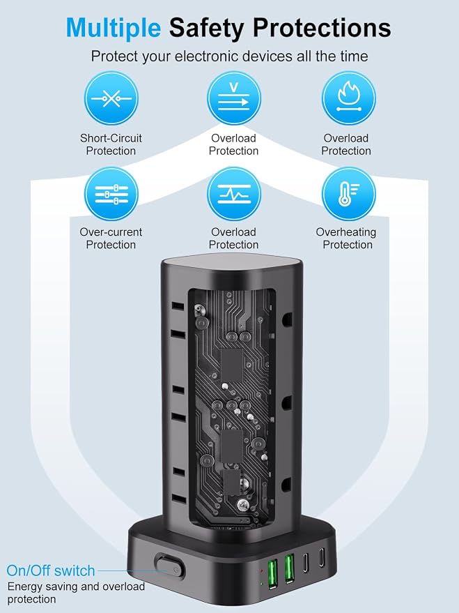 Power Strip Tower with Multiple Outlets, Flat Plug Surge Protector Tower - Image 6