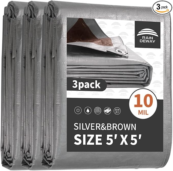 RAINDEWAY Small Tarps Heavy Duty Waterproof 5x5 Feet, 10Mil Multipurpose Poly by RAINDEWAY