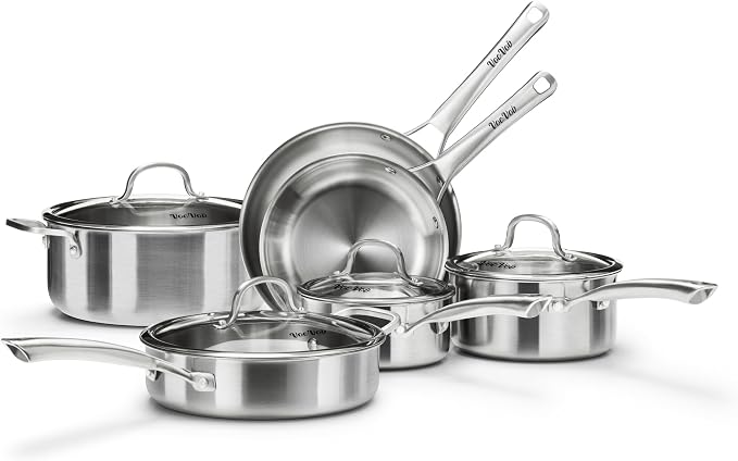 Stainless Steel Cookware Set, Tir-Ply Pots and Pans Set, PFOA Free, Frying Pans by VocVoi