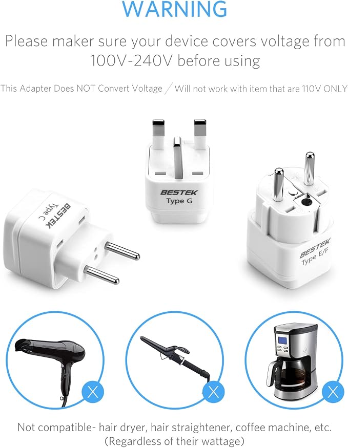 BESTEK European Travel Plug Adapter Set, Grounded Universal Power Plug Adapter - Image 5