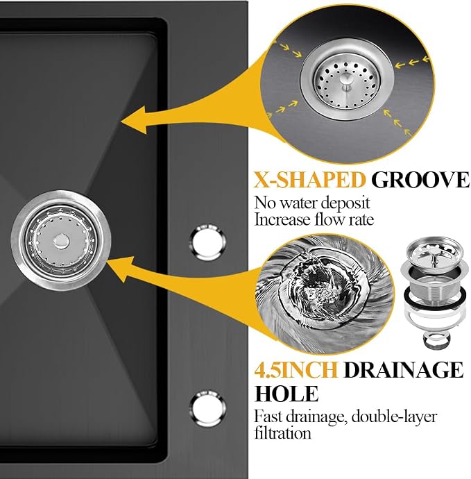 Black Kitchen Sink, Stainless Steel Drop In 33x22x9 Inch Single Bowl Topmount - Image 4