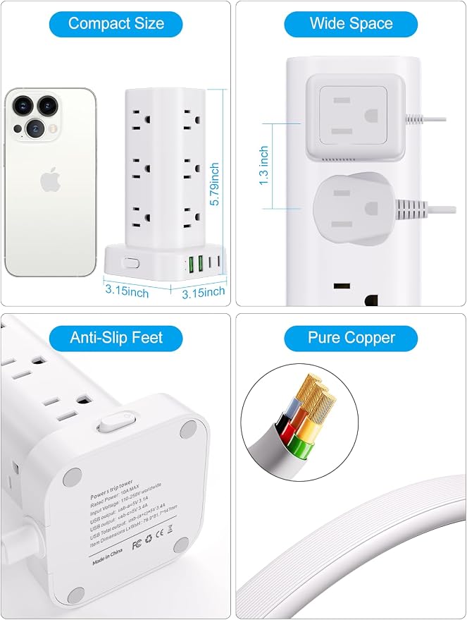 Power Strip Tower with Multiple Outlets, Flat Plug Surge Protector Tower - Image 6