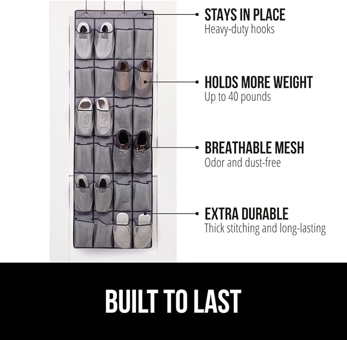 GORILLA GRIP Over the Door Shoe Organizer, 24 Large Breathable Mesh Pockets - Image 2