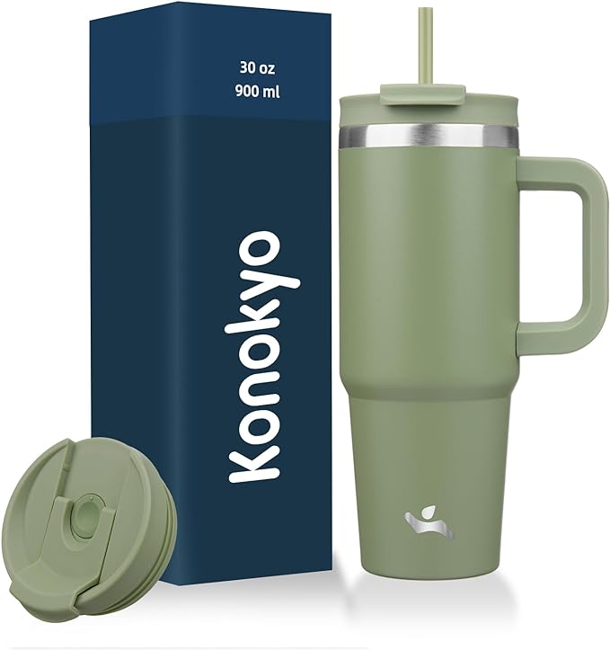 30 oz Tumbler with Handle and 2 Straws, 2 in 1 Lid Insulated Water Bottle by Konokyo