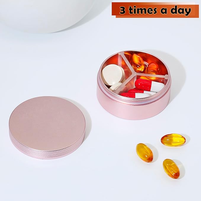 Small Pill Case 3 Compartments, Metal Round Portable Pill Box, Waterproof - Image 4