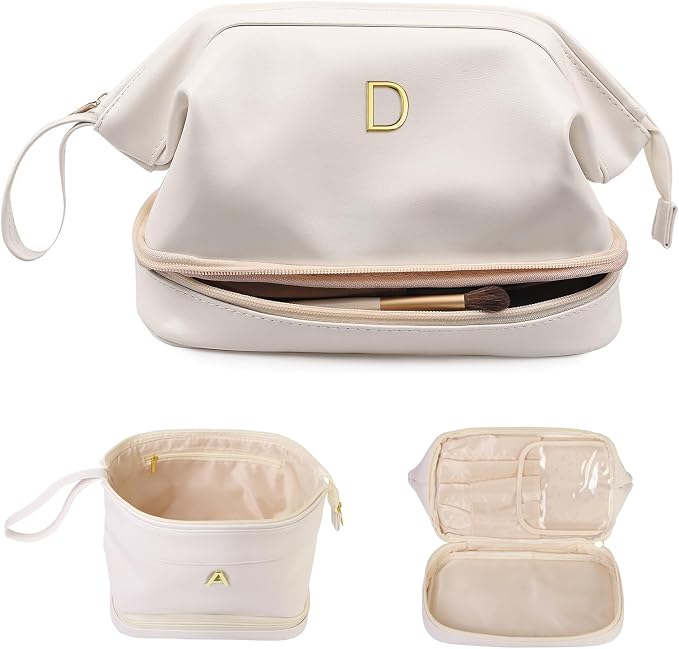 Gifts for College Girls-Initial Makeup Bag, Personalized Double Layer Cosmetic by Vogewood