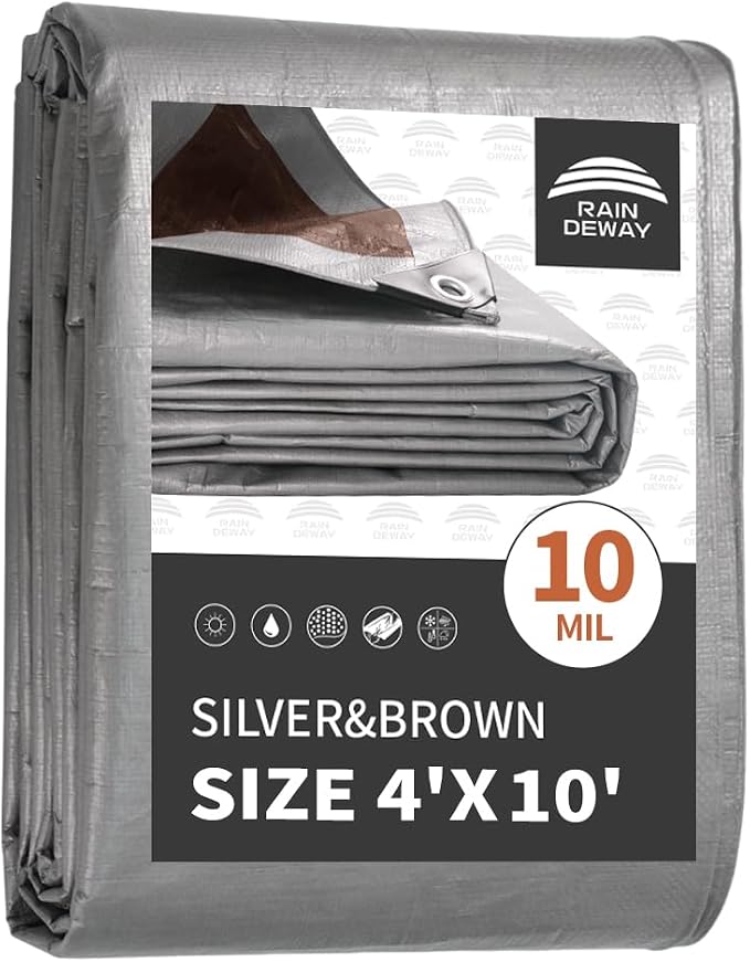 RAINDEWAY Small Tarps Heavy Duty Waterproof 4x10 Feet, 10Mil Multipurpose Poly by RAINDEWAY