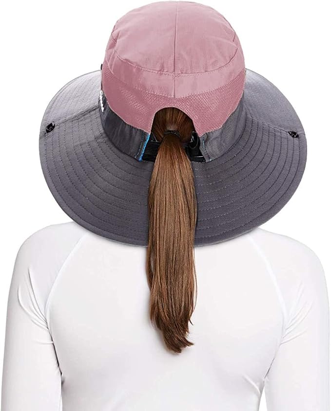 Rosoz Ponytail Sun Bucket Hats for Women UV Protection Foldable Mesh Wide Brim - Image 2