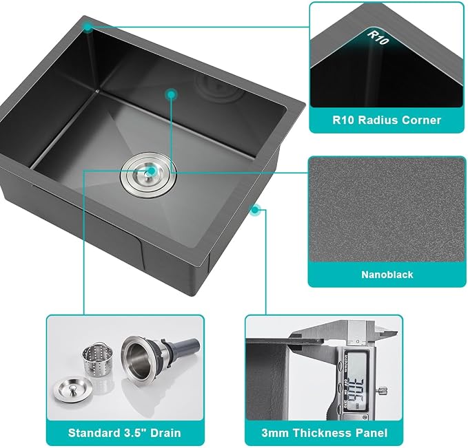 20-inch Undermount Kitchen Sink Black, T304 Stainless Steel Single Bowl Kitchen - Image 4
