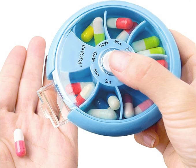 INVODA Weekly Pill Organizer 7 Compartment Rotating Pill Box - Image 2