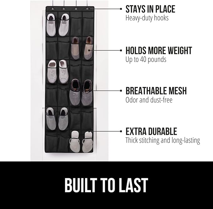 GORILLA GRIP Over the Door Shoe Organizer, 24 Large Breathable Mesh Pockets - Image 2