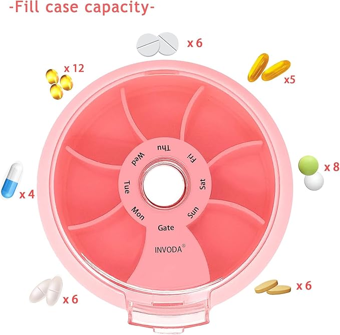 12PCS INVODA Weekly Pill Organizer 7 Compartment Rotating Pill Box - Image 5