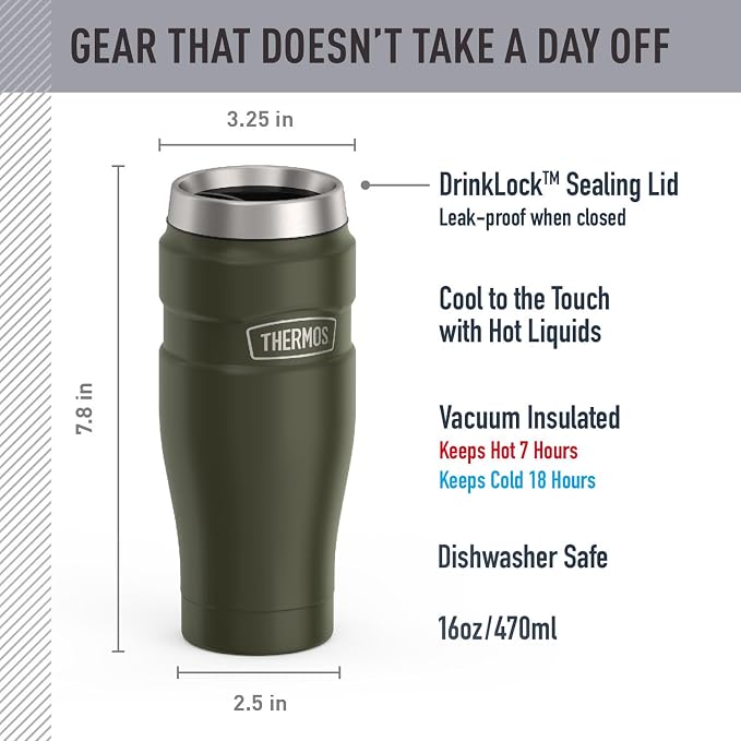 THERMOS Stainless King Vacuum-Insulated Travel Tumbler, 16 Ounce, Army Green - Image 2