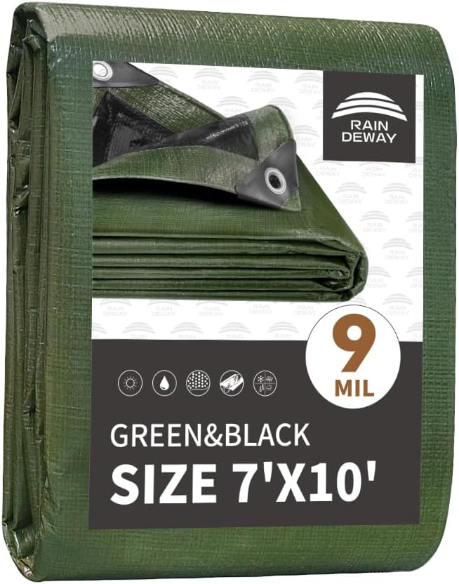 7x10 Feet Tarp Waterproof, 9Mil Thick, Finished Size Tarps, UV Resistant by RAINDEWAY