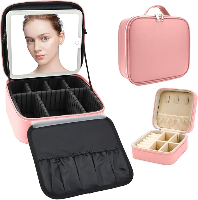 Travel Makeup Bag with LED Mirror with 3 Lighted Settings, Adjustable Dividers - Image 9