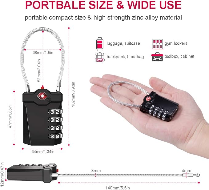 ZHEGE TSA Approved Lock, 4 Digit Cable Luggage Lock, Travel Lock - Image 5