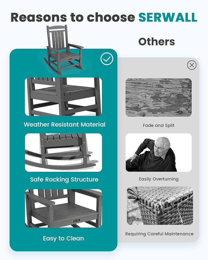 SERWALL Outdoor Rocking Chair, HDPE Patio Rocking Chair All-Weather Porch Rocker - Image 6