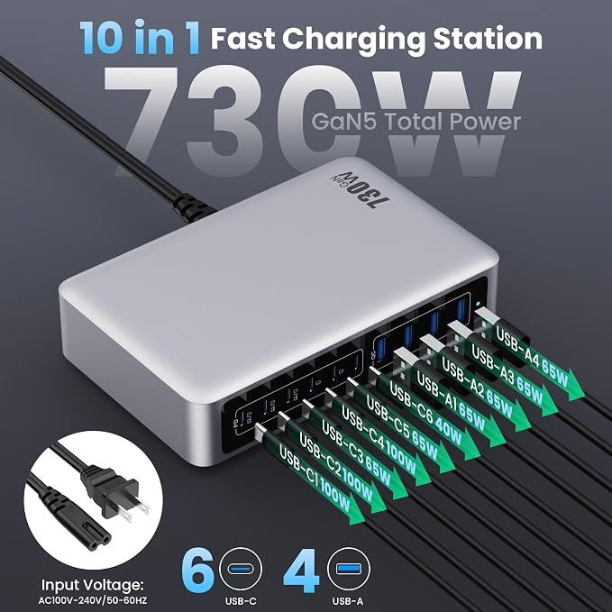 730W USB C Charger Block, 10-Ports GaN V Fast Charging Station Hub, QC4.0+3 PD - Image 2