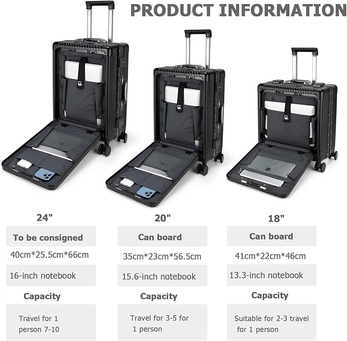 feilario 20in Aluminium Frame PC Hard Shell Spinner Wheels Luggage, Built-In - Image 4