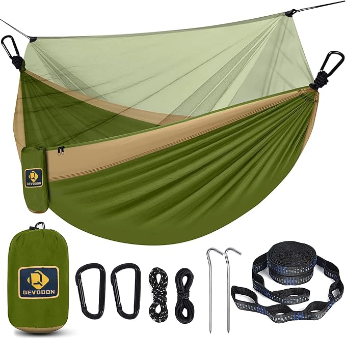 Camping Hammock with Net, Portable Lightweight Double Hammocks with Tree Straps by QEVOOON