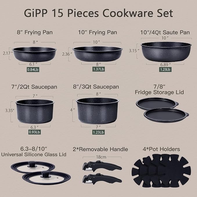 GiPP Ceramic Pots and Pans Set Non Stick, Nonstick Detachable Handle Cookware - Image 3