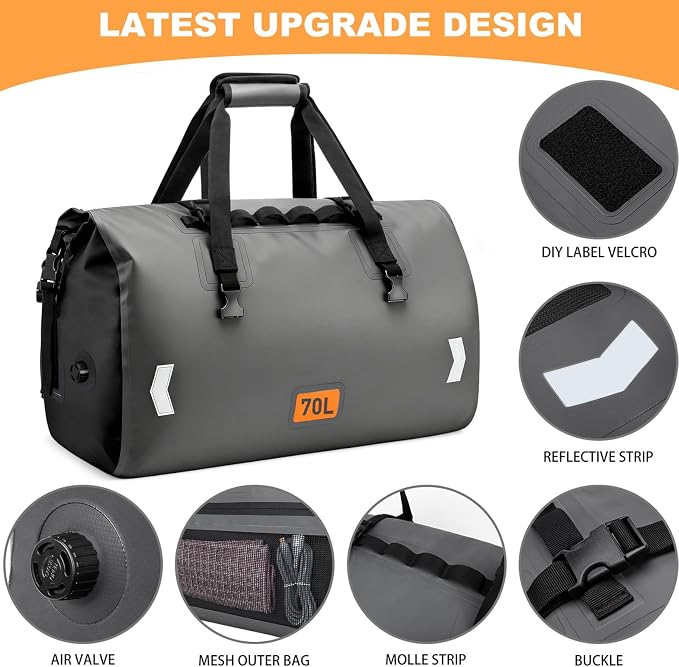 Waterproof Duffel Bag, 70L Roll-top Motorcycle Dry Bag - Image 3