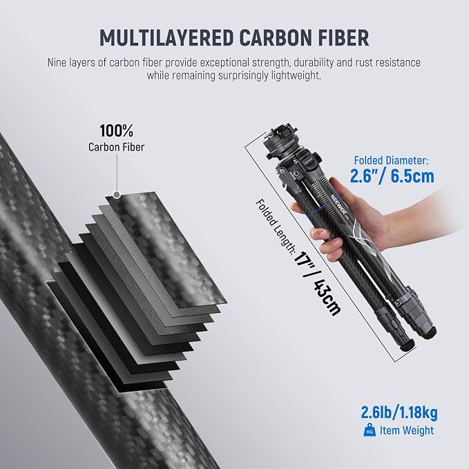 NEEWER LITETRIP LT32 Camera Travel Tripod, Carbon Fiber Portable Stand - Image 3